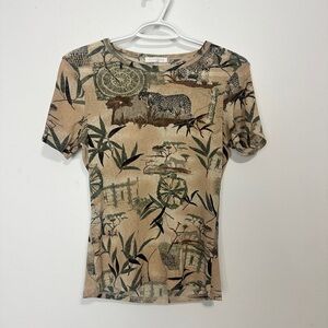 Vintage Beige Mesh Tee with Green and Brown Safari Print